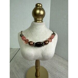 Jones New York Chunky Statement Necklace Multi Strand Rose Pink Amber Bead Gold
